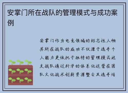 安掌门所在战队的管理模式与成功案例